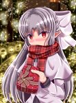  blush bow box capelet christmas dated dot_zip eyebrows_visible_through_hair gift gift_box hair_bow highres holding holding_box long_hair looking_at_viewer melty_blood pointy_ears red_eyes red_scarf scarf scarf_over_mouth shiny shiny_hair silver_hair solo tsukihime upper_body white_bow white_capelet white_coat white_len 