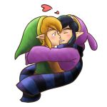 2boys black_hair blonde_hair blue_eyes blue_scarf blush closed_mouth couple elf eyes_closed green_clothes green_hat hat heart hug imminent_kiss link long_sleeves looking_at_another male_focus multiple_boys nintendo parted_lips pointy_ears purple_clothes scarf short_hair smile striped striped_scarf the_legend_of_zelda twilishady upper_body yaoi 