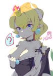  ? absurdres akara_(2697518742) bangs bare_shoulders black_dress blonde_hair blue_earrings blush bowsette bracelet breasts cleavage collar collarbone covered_navel crown dress eyebrows_visible_through_hair frills hair_between_eyes highres holding_dress huge_filesize jewelry large_breasts long_hair mario_(series) new_super_mario_bros._u_deluxe ponytail pulled_by_self signature simple_background solo speech_bubble spiked_armlet spiked_bracelet spiked_collar spiked_shell spiked_tail spikes strapless strapless_dress super_crown tail turtle_shell upper_body white_background 