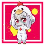  animal_costume arms_up bangs brown_footwear chibi chicken_costume closed_mouth cosplay eyebrows_visible_through_hair full_body hair_between_eyes hood hood_up kigurumi konno_junko long_hair looking_at_viewer red_eyes shachoo. shoes silver_hair solo stitches zombie zombie_land_saga 
