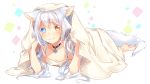  3: ahoge animal_ears barefoot blanket blue_eyes blush camisole cat_ears cat_tail catulus_syndrome choker closed_mouth collarbone colored_eyelashes commentary_request full_body furrowed_eyebrows heterochromia highres long_hair looking_at_viewer lying official_art on_stomach orange_eyes shinonome_neko-tarou shirakaba_yuki silver_hair simple_background soles solo tail tears under_covers white_background 