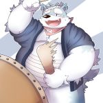  2016 anthro belly blush canine humanoid_hands male mammal musical_instrument one_eye_closed overweight overweight_male park_kr simple_background solo taiko_drum wink wolf 