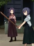  alternate_costume annin_musou blush brown_hakama commentary_request full_body green_hakama hakama highres holding holding_sword holding_weapon japanese_clothes kantai_collection multiple_girls one_eye_closed outdoors purple_eyes purple_hair short_hair smile standing sword tatsuta_(kantai_collection) tenryuu_(kantai_collection) tongue tongue_out weapon wooden_sword yellow_eyes 