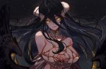  albedo arms_behind_back artist_name black_hair breasts bustier cleavage commentary covered_nipples demon_horns hair_between_eyes horns large_breasts long_hair looking_at_viewer marchab_66 night night_sky overlord_(maruyama) silk sky slit_pupils smile solo spider_web upper_body wings yellow_eyes 