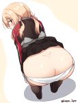  1girl ass bangs beige_background bent_over black_jacket black_legwear black_skirt blonde_hair blush butt_crack commentary_request covered_mouth eyebrows_visible_through_hair gloves green_eyes hair_between_eyes highres iron_cross jacket kantai_collection kapatarou long_hair long_sleeves looking_at_viewer looking_back low_twintails panties panty_pull pleated_skirt prinz_eugen_(kantai_collection) shadow skirt skirt_lift solo standing thighhighs twintails twitter_username two-tone_background underwear white_background white_gloves white_panties wide_hips 