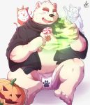  2018 anthro bear belly blush bulge candy clothing food fruit fur ghost group halloween holidays humanoid_hands magic male mammal overweight overweight_male park_kr polar_bear pumpkin simple_background sitting spirit tongue tongue_out underwear white_fur 