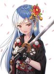  5ya bangs bell black_gloves black_kimono blue_hair breasts cherry_blossoms collarbone copyright_request earrings eyebrows_visible_through_hair flower gloves hair_bell hair_flower hair_ornament hand_up highres holding holding_sword holding_weapon japanese_clothes jewelry jingle_bell kimono long_hair looking_at_viewer medium_breasts obi red_eyes red_flower rope sash simple_background smile solo sword upper_body very_long_hair weapon white_background wide_sleeves wind 
