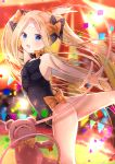  abigail_williams_(fate/grand_order) alternate_hairstyle arm_up ass bangs bare_arms bare_shoulders black_bow black_leotard black_nails blonde_hair blush bow commentary_request eyebrows_visible_through_hair fate/grand_order fate_(series) fingernails hair_bow highres iroha_(shiki) leotard long_hair looking_at_viewer multicolored multicolored_nails nail_polish open_mouth orange_bow orange_nails outstretched_arm parted_bangs pennant polka_dot polka_dot_bow sidelocks solo standing standing_on_one_leg string_of_flags stuffed_animal stuffed_toy teddy_bear twintails very_long_hair 