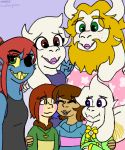  asgore_dreemurr asriel_dreemurr beard blonde_hair blue_eyes blue_skin blush boss_monster caprine chara_(undertale) eye_patch eyewear facial_hair fish flower flowey_the_flower fur goat goatboyalex green_eyes hair happy heterochromia human humanoid mammal marine plant protagonist_(undertale) red_eyes red_hair toriel undertale undyne v_sign video_games white_fur young 