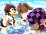 :3 above_clouds ass bent_over black_hair black_legwear black_skirt blue_sky breasts brown_eyes brown_footwear brown_hair checkered checkered_skirt cloud commentary day eyebrows_visible_through_hair feet_out_of_frame flying food geta hair_ribbon hand_up hat himekaidou_hatate kneehighs leaf_print leg_ribbon legs_apart long_hair looking_at_another maple_leaf_print md5_mismatch medium_breasts miniskirt mouth_hold multiple_girls outdoors petticoat pink_shirt pocky pocky_day pointy_ears puffy_short_sleeves puffy_sleeves purple_ribbon purple_skirt ribbon shameimaru_aya shirosato shirt short_hair short_sleeves skirt sky smile sweatdrop tengu-geta thighs tokin_hat touhou twintails v-shaped_eyebrows white_shirt 