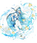  aqua_(fire_emblem_if) attack barefoot blue_hair bug butterfly card detached_sleeves dress fire_emblem fire_emblem_heroes fire_emblem_if hair_between_eyes highres holding holding_card insect jewelry kaya8 long_hair necklace official_art open_mouth pendant solo transparent_background veil water younger 