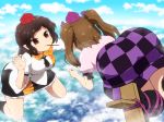  :3 above_clouds ass bent_over black_hair black_legwear black_skirt blue_sky breasts brown_eyes brown_footwear brown_hair checkered checkered_skirt cloud commentary day eyebrows_visible_through_hair feet_out_of_frame flying food geta hair_ribbon hand_up hat himekaidou_hatate kneehighs leaf_print leg_ribbon legs_apart long_hair looking_at_another maple_leaf_print medium_breasts miniskirt mouth_hold multiple_girls outdoors petticoat pink_shirt pocky pocky_day pointy_ears puffy_short_sleeves puffy_sleeves purple_ribbon purple_skirt revision ribbon shameimaru_aya shirosato shirt short_hair short_sleeves skirt sky smile sweatdrop tengu-geta thighs tokin_hat touhou twintails v-shaped_eyebrows white_shirt 