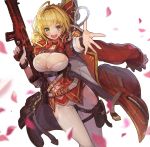 :d ahoge alternate_costume arx-160 assault_rifle belt blonde_hair breasts cleavage commentary_request eyebrows_visible_through_hair fate/extra fate_(series) goomrrat green_eyes gun holding holding_gun holding_weapon holster large_breasts nero_claudius_(fate) nero_claudius_(fate)_(all) open_mouth petals rifle short_hair simple_background smile solo thighhighs weapon white_background white_legwear 