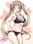  adapted_costume armpits artist_name black_bra black_panties bra brown_eyes collarbone cowboy_shot groin kantai_collection light_brown_hair long_hair looking_at_viewer murasame_(kantai_collection) navel one_eye_closed open_mouth panties panty_pull smile solo standing star starry_background tatsumi_ray twintails twitter_username underwear underwear_only undressing white_background 