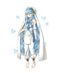  anklet aqua_(fire_emblem_if) barefoot blue_hair bug butterfly detached_sleeves fire_emblem fire_emblem_heroes fire_emblem_if full_body hair_between_eyes highres insect jewelry kaya8 long_hair looking_at_viewer necklace official_art pants pendant solo transparent_background veil yellow_eyes younger 