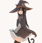  animal_ears asashio_(kantai_collection) backlighting black_cape black_hair bloom blue_eyes bow cape cat_ears cat_girl cat_tail commentary dress ears_through_headwear frilled_dress frills from_side gloves hat hat_ribbon high_collar kantai_collection long_hair long_sleeves looking_at_viewer looking_to_the_side neck_ribbon orange_ribbon pinafore_dress red_bow ribbon shirt simple_background skindentation skirt_hold solo straight_hair striped striped_legwear sunset tail thighhighs usagikoya white_gloves white_shirt witch witch_hat 