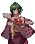  bangs belt black_bra blood bloody_clothes bloody_hands bra bra_peek breasts button_gap buttons closed_mouth collarbone collared_shirt commentary dirty_clothes floating_hair green_hair hands_up head_tilt heart heart_hands highres kazami_yuuka kikimifukuri large_breasts long_sleeves looking_at_viewer medium_hair necktie open_clothes open_vest partially_unbuttoned plaid plaid_skirt plaid_vest red_eyes red_skirt red_vest shirt sidelocks simple_background skirt skirt_set smile solo thumbs_down touhou underwear undone_necktie upper_body vest watch white_background white_shirt wristwatch 