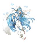  anklet aqua_(fire_emblem_if) barefoot blue_hair bug butterfly card detached_sleeves dress fire_emblem fire_emblem_heroes fire_emblem_if full_body hair_between_eyes highres holding holding_card insect jewelry kaya8 long_hair necklace official_art pants pendant solo transparent_background veil younger 
