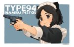  aiming akai_sashimi animal_ears apron black_eyes black_hair blush commentary gun handgun highres holding holding_gun holding_weapon maid maid_apron maid_headdress md5_mismatch nambu_type_94 original pistol short_hair signature smile solo trigger_discipline weapon 