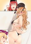 adjusting_clothes adjusting_swimsuit ass asuzemu bare_arms bare_shoulders bikini black_bikini black_collar black_hat blonde_hair blush breasts closed_eyes clothes_hanger clownpiece commentary_request crescent embarrassed from_behind hat hecatia_lapislazuli highres jester_cap junko_(touhou) large_breasts long_hair multiple_girls nose_blush polka_dot polos_crown red_eyes red_hair sideboob string_bikini swimsuit tassel thong thong_bikini touhou wavy_hair 