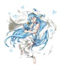  aqua_(fire_emblem_if) barefoot blue_hair blush bug butterfly card detached_sleeves dress fire_emblem fire_emblem_heroes fire_emblem_if full_body hair_between_eyes highres holding holding_card insect jewelry kaya8 long_hair necklace official_art open_mouth pendant sad solo torn_clothes transparent_background veil yellow_eyes younger 