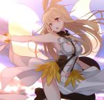  absurdres armor blonde_hair boots breasts brooch chromatic_aberration commentary eyebrows_visible_through_hair fate/grand_order fate_(series) hair_between_eyes head_wings highres jewelry kujou_ichiso long_hair open_mouth red_eyes solo thigh_boots thighhighs thrud_(fate/grand_order) valkyrie_(fate/grand_order) 