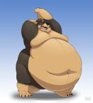  anthro belly big_belly canine claws deep_navel dog eyes_closed gillpanda male mammal moobs morbidly_obese nude obese open_mouth overweight overweight_male rottweiler simple_background solo stretching wide_hips yawn 