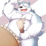  2016 anthro balls belly blush canine humanoid_hands male mammal moobs musical_instrument nipples one_eye_closed overweight overweight_male park_kr simple_background solo taiko_drum wink wolf 