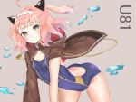  after_suko ahoge animal_ears arched_back arm_support azur_lane backless_swimsuit bangs bare_back bare_legs bent_over blunt_bangs bow brown_cloak character_name cloak closed_mouth commentary_request diamond-shaped_pupils double_vertical_stripe ear_ribbon gold_trim grey_background hair_intakes hairband highres hood hood_down hooded_cloak long_sleeves looking_at_viewer one-piece_swimsuit pink_hair school_swimsuit short_bangs smile solo swimsuit symbol-shaped_pupils thighs u-81_(azur_lane) water_drop white_hairband yellow_eyes 
