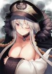  black_hat blush breasts breasts_outside choker collarbone commentary covering covering_breasts dakunesu eyebrows_visible_through_hair girls_frontline hair_between_eyes hat highres iron_cross jacket_on_shoulders kar98k_(girls_frontline) large_breasts long_hair looking_at_viewer military_hat peaked_cap pink_eyes red_eyes sidelocks silver_hair smoke solo tears thighhighs torn_clothes upper_body very_long_hair wide_sleeves 