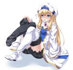  black_legwear blonde_hair bloomers blue_eyes blush boot_removed boots breasts commentary dress feet frills goblin_slayer! half-closed_eyes hat highres kyuutou_(kyuutouryuu) long_hair long_sleeves open_mouth priestess_(goblin_slayer!) removing_legwear simple_background single_boot small_breasts soles sweatdrop text_focus thigh_boots thighhighs translation_request underwear white_background wide_sleeves 