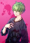  absurdres amami_rantarou commentary_request danganronpa ear_piercing eyebrows_visible_through_hair green_eyes green_hair hair_between_eyes highres jewelry looking_at_viewer male_focus necklace new_danganronpa_v3 piercing shin_(840573976) shirt smile striped striped_shirt thumb_ring 