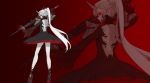  black_sclera braid commentary corruption dark_persona demon_horns dishwasher1910 gauntlets grimm high_heels highres horns long_hair looking_back myrtenaster pauldrons ponytail rapier red_eyes rwby solo sword weapon weiss_schnee what_if white_hair white_skin 