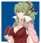  1girl blue_background breasts cape chiki cleavage fire_emblem fire_emblem:_kakusei gloves green_eyes green_hair high_collar highres large_breasts mamkute nintendo pointy_ears ponytail red_gloves smile 