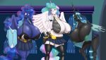  2018 absurd_res anthro areola big_breasts breasts changeling clothing digital_media_(artwork) equine feathered_wings feathers female fingerless_gloves friendship_is_magic gloves group hair hi_res hole_(anatomy) horn huge_breasts hyper hyper_breasts long_hair mammal marauder6272 multicolored_hair my_little_pony princess_celestia_(mlp) princess_luna_(mlp) queen_chrysalis_(mlp) winged_unicorn wings 