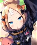  abigail_williams_(fate/grand_order) arm_up bangs black_bow black_jacket blonde_hair blue_eyes blush bow commentary_request crossed_bandaids dutch_angle fate/grand_order fate_(series) food hair_bow hair_bun heroic_spirit_traveling_outfit incoming_pocky_kiss jacket long_hair long_sleeves looking_at_viewer object_hug orange_bow parted_bangs pocky pocky_kiss polka_dot polka_dot_bow reaching_out shared_food shiki_(catbox230123) sleeves_past_fingers sleeves_past_wrists solo star stuffed_animal stuffed_toy teddy_bear upper_body 