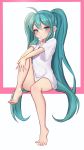  :/ absurdres ahoge aqua_eyes aqua_hair barefoot blush bottomless closed_mouth commentary_request expressionless eyebrows_visible_through_hair full_body hair_between_eyes hatsune_miku highres korean_commentary long_hair looking_at_viewer partial_commentary pn_(wnsl216) shirt short_sleeves sidelocks sitting solo spread_toes t-shirt twintails very_long_hair vocaloid white_shirt 