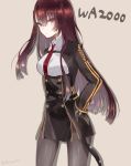  after_suko character_name commentary_request girls_frontline gloves highres long_hair necktie pantyhose purple_hair red_eyes shirt side_ponytail signature tsurime wa2000_(girls_frontline) 