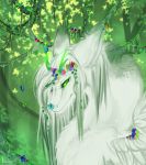  2018 arthropod butterfly day digital_media_(artwork) digital_painting_(artwork) dragon eyelashes feathered_dragon feathers flying forest fur furred_dragon green_eyes hair insect nashiholy outside tree white_fur white_hair 