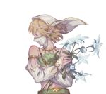  alternate_costume bare_shoulders blonde_hair blue_eyes covering_mouth crossdressing crossed_arms detached_sleeves earrings flower gerudo_link highres hihisou_(pan-kun) jewelry link looking_to_the_side male_focus otoko_no_ko pointy_ears simple_background solo standing the_legend_of_zelda the_legend_of_zelda:_breath_of_the_wild upper_body veil white_background 