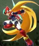  armor blonde_hair bodysuit commentary_request covered_navel energy_blade energy_sword green_eyes helmet holding holding_weapon jumping kon_(kin219) leg_up long_hair model_zx power_armor rockman rockman_zx serious simple_background solo sword very_long_hair weapon 
