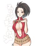  arm_behind_back black_eyes black_hair boku_no_hero_academia breasts character_name cleavage cleavage_cutout hand_on_own_breast heart large_breasts light_blush light_smile long_hair looking_at_viewer matsuda_(louol) navel navel_cutout ponytail signature solo white_background yaoyorozu_momo 