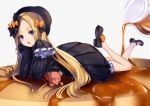  abigail_williams_(fate/grand_order) bangs black_bow black_dress black_footwear black_hat blonde_hair bloomers blue_eyes bow bug butterfly dress eyebrows_visible_through_hair fate/grand_order fate_(series) food forehead hair_bow hands_up hane_yuki hat head_tilt highres insect legs_up long_hair long_sleeves looking_at_viewer lying mary_janes on_stomach open_mouth orange_bow oversized_food oversized_object pancake parted_bangs polka_dot polka_dot_bow shoe_soles shoes sleeves_past_fingers sleeves_past_wrists solo stuffed_animal stuffed_toy syrup teddy_bear underwear very_long_hair white_background white_bloomers 