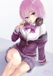  breasts eric_(pixiv9123557) eyewear_removed grin headphones headphones_around_neck holding holding_eyewear jacket large_breasts lavender_hair looking_at_viewer off_shoulder purple_bow purple_eyes purple_jacket shinjou_akane short_hair signature sitting smile solo ssss.gridman 