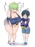  1girl amami_rantarou backpack bag black_hair bracelet breasts child closed_eyes danganronpa genderswap genderswap_(mtf) green_hair highres huge_breasts jewelry new_danganronpa_v3 randoseru ring saihara_shuuichi shirt smile striped striped_shirt thumb_ring wadorudo yellow_eyes younger 