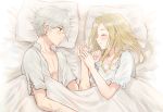  1girl bed bed_sheet blanket blonde_hair blouse blush closed_eyes collarbone collared_shirt couple green_eyes grey_hair hetero holding_hands long_hair looking_at_another lying octopath_traveler on_side open_clothes open_shirt ophilia_(octopath_traveler) pillow shirt short_hair short_sleeves smile therion_(octopath_traveler) unbuttoned unbuttoned_shirt wspread 
