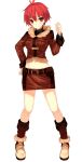  ahoge belt belt_pouch boots brown_footwear brown_jacket brown_skirt full_body fur_trim hand_on_hip hand_up jacket looking_at_viewer navel official_art patriarch_xtasy pencil_skirt pouch red_eyes red_hair short_hair silvia_ryersten skirt smile solo standing transparent_background 
