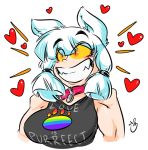  &lt;3 animal_humanoid biped black_eyebrows breasts bust_portrait cat_humanoid clothing collar duckdraw english_text eyebrows eyelashes feline female gay_pride hair humanoid inner_ear_fluff mammal orange_eyes pale_skin pigtails portrait pride_flag rainbow shirt short_hair simple_background slit_pupils smile snowy_(duckdraw) solo tank_top teeth text white_background white_ears white_hair yellow_sclera 