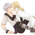  1girl all_fours bandaged_arm bandaged_leg bandages black_gloves blonde_hair blush breasts cheek_kiss closed_eyes collared_shirt couple cuffs dress elbow_gloves gloves green_eyes grey_hair heart hetero kiss long_hair medium_breasts octopath_traveler open_clothes open_shirt ophilia_(octopath_traveler) pants profile shirt short_hair simple_background sitting sleeveless sleeveless_dress therion_(octopath_traveler) unbuttoned unbuttoned_shirt white_background white_dress wspread 