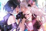  arm_strap bang_dream! bare_shoulders black_hair blush choker collarbone commentary_request corset floral_print gloves hair_ornament highres jewelry lavender_hair microphone minato_yukina mitake_ran multiple_girls music necklace open_mouth purple_eyes red_hair rose_print s2riridoll short_hair singing yellow_eyes 